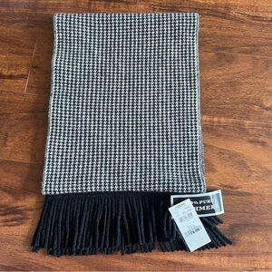 Black and White Houndstooth Cashmere Scarf with Fringe
